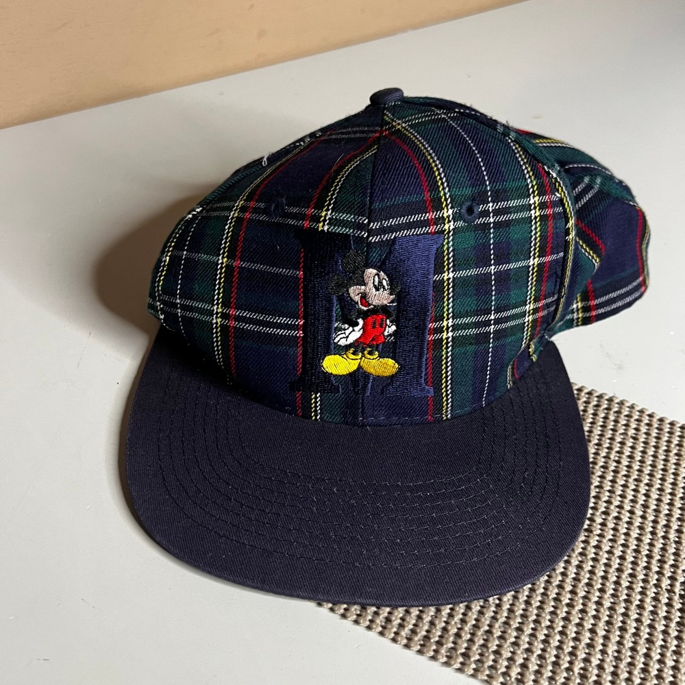 Vintage Mickey Unlimited Plaid Snapback Hat Disney Mickey Mouse Green Navy Cap